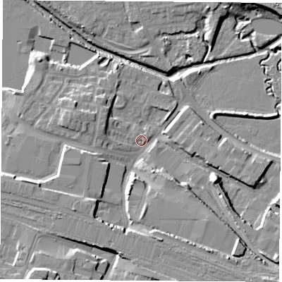 Shaded relief map of the ground around CV211BB, computed from Environment Agency LiDAR. The ground here sits at about 88 m above sea level and falls 17 m across the surrounding 800 m. Surface water reaching this point runs off ground lying to the south-south-east, 9.5 m higher.