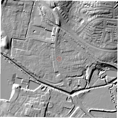 Shaded relief map of the ground around CV211BJ, computed from Environment Agency LiDAR. The ground here sits at about 88 m above sea level and falls 32 m across the surrounding 800 m. Surface water reaching this point runs off ground lying to the north, 8.0 m higher.