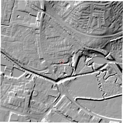 Shaded relief map of the ground around CV211BL, computed from Environment Agency LiDAR. The ground here sits at about 87 m above sea level and falls 26 m across the surrounding 800 m. Surface water reaching this point runs off ground lying to the north-north-east, 22.3 m higher.