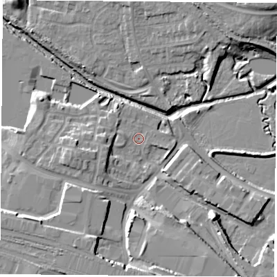 Shaded relief map of the ground around CV211BY, computed from Environment Agency LiDAR. The ground here sits at about 87 m above sea level and falls 16 m across the surrounding 800 m. Surface water reaching this point runs off ground lying to the west-south-west, 4.3 m higher.