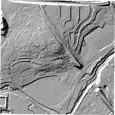 Shaded relief map of the ground around CV211DF, computed from Environment Agency LiDAR. The ground here sits at about 95 m above sea level and falls 28 m across the surrounding 800 m. Surface water reaching this point runs off ground lying to the north-north-west, 10.7 m higher.