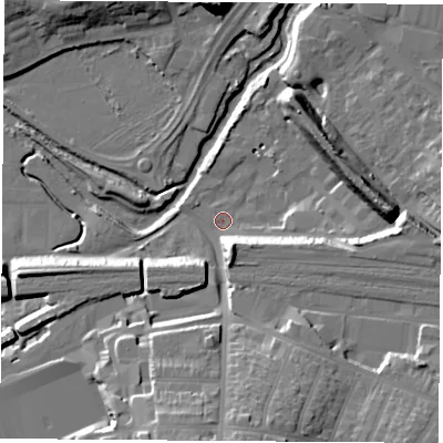 Shaded relief map of the ground around CV211DH, computed from Environment Agency LiDAR. The ground here sits at about 84 m above sea level and falls 24 m across the surrounding 800 m. Surface water reaching this point runs off ground lying to the south-south-east, 11.1 m higher.