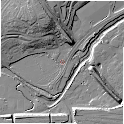 Shaded relief map of the ground around CV211DJ, computed from Environment Agency LiDAR. The ground here sits at about 84 m above sea level and falls 24 m across the surrounding 800 m. Surface water reaching this point runs off ground lying to the north-north-west, 20.8 m higher.
