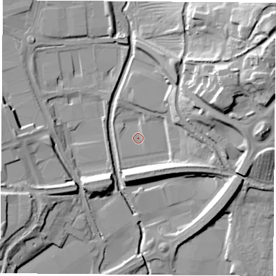 Shaded relief map of the ground around CV211DZ, computed from Environment Agency LiDAR. The ground here sits at about 85 m above sea level and falls 31 m across the surrounding 800 m. Surface water reaching this point runs off ground lying to the north-east, 28.8 m higher.