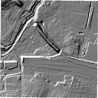 Shaded relief map of the ground around CV211EA, computed from Environment Agency LiDAR. The ground here sits at about 87 m above sea level and falls 23 m across the surrounding 800 m. Surface water reaching this point runs off ground lying to the east, 10.2 m higher.