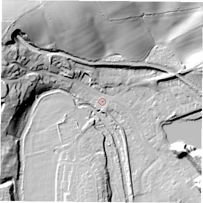 Shaded relief map of the ground around CV211EF, computed from Environment Agency LiDAR. The ground here sits at about 82 m above sea level and falls 31 m across the surrounding 800 m. Surface water reaching this point runs off ground lying to the north-north-west, 28.6 m higher.