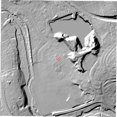 Shaded relief map of the ground around CV211EH, computed from Environment Agency LiDAR. The ground here sits at about 86 m above sea level and falls 29 m across the surrounding 800 m. Surface water reaching this point runs off ground lying to the east-north-east, 21.7 m higher.