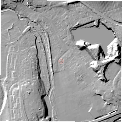 Shaded relief map of the ground around CV211EJ, computed from Environment Agency LiDAR. The ground here sits at about 83 m above sea level and falls 29 m across the surrounding 800 m. Surface water reaching this point runs off ground lying to the east, 25.3 m higher.