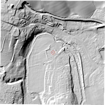 Shaded relief map of the ground around CV211EN, computed from Environment Agency LiDAR. The ground here sits at about 82 m above sea level and falls 33 m across the surrounding 800 m. Surface water reaching this point runs off ground lying to the south-south-east, 11.8 m higher.