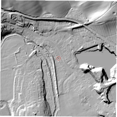 Shaded relief map of the ground around CV211EP, computed from Environment Agency LiDAR. The ground here sits at about 82 m above sea level and falls 32 m across the surrounding 800 m. Surface water reaching this point runs off ground lying to the north-east, 26.8 m higher.