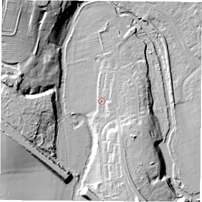 Shaded relief map of the ground around CV211ES, computed from Environment Agency LiDAR. The ground here sits at about 83 m above sea level and falls 22 m across the surrounding 800 m. Surface water reaching this point runs off ground lying to the south-east, 4.8 m higher.