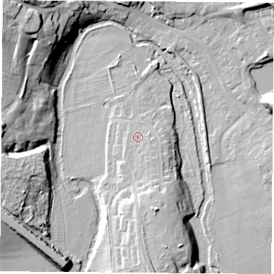 Shaded relief map of the ground around CV211EW, computed from Environment Agency LiDAR. The ground here sits at about 85 m above sea level and falls 24 m across the surrounding 800 m. Surface water reaching this point runs off ground lying to the south-south-east, 8.3 m higher.