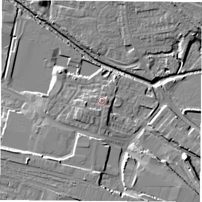Shaded relief map of the ground around CV211FB, computed from Environment Agency LiDAR. The ground here sits at about 91 m above sea level and falls 15 m across the surrounding 800 m. Surface water reaching this point runs off ground lying to the south-west, 3.8 m higher.