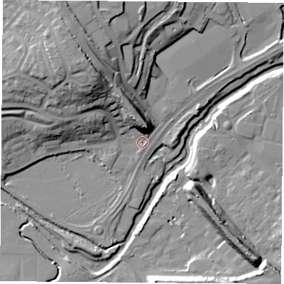 Shaded relief map of the ground around CV211FD, computed from Environment Agency LiDAR. The ground here sits at about 85 m above sea level and falls 24 m across the surrounding 800 m. Surface water reaching this point runs off ground lying to the north-west, 19.8 m higher.