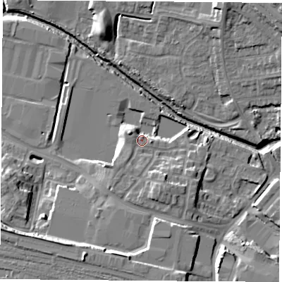 Shaded relief map of the ground around CV211GP, computed from Environment Agency LiDAR. The ground here sits at about 89 m above sea level and falls 15 m across the surrounding 800 m. Surface water reaching this point runs off ground lying to the south-south-east, 8.6 m higher.