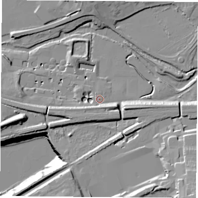 Shaded relief map of the ground around CV211HF, computed from Environment Agency LiDAR. The ground here sits at about 86 m above sea level and falls 40 m across the surrounding 800 m. Surface water reaching this point runs off ground lying to the south-south-east, 5.7 m higher.