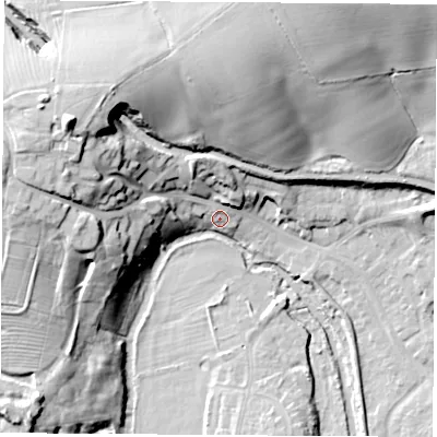 Shaded relief map of the ground around CV211HH, computed from Environment Agency LiDAR. The ground here sits at about 85 m above sea level and falls 33 m across the surrounding 800 m. Surface water reaching this point runs off ground lying to the north, 9.7 m higher.