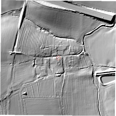 Shaded relief map of the ground around CV211HT, computed from Environment Agency LiDAR. The ground here sits at about 96 m above sea level and falls 25 m across the surrounding 800 m. Surface water reaching this point runs off ground lying to the west-south-west, 16.8 m higher.