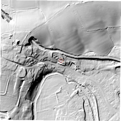 Shaded relief map of the ground around CV211HW, computed from Environment Agency LiDAR. The ground here sits at about 89 m above sea level and falls 33 m across the surrounding 800 m. Surface water reaching this point runs off ground lying to the north-west, 8.3 m higher.