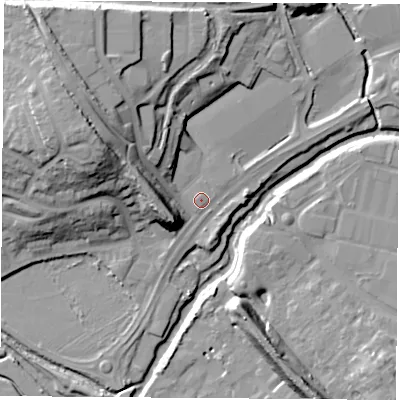 Shaded relief map of the ground around CV211NZ, computed from Environment Agency LiDAR. The ground here sits at about 87 m above sea level and falls 24 m across the surrounding 800 m. Surface water reaching this point runs off ground lying to the west-north-west, 19.1 m higher.