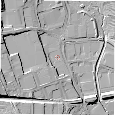 Shaded relief map of the ground around CV211RN, computed from Environment Agency LiDAR. The ground here sits at about 88 m above sea level and falls 24 m across the surrounding 800 m. Surface water reaching this point runs off ground lying to the west-north-west, 17.8 m higher.