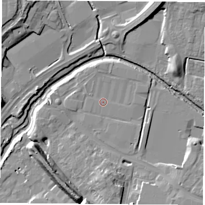 Shaded relief map of the ground around CV211RW, computed from Environment Agency LiDAR. The ground here sits at about 86 m above sea level and falls 16 m across the surrounding 800 m. Surface water reaching this point runs off ground lying to the east-north-east, 0.8 m higher.