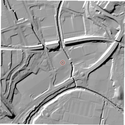 Shaded relief map of the ground around CV211SR, computed from Environment Agency LiDAR. The ground here sits at about 85 m above sea level and falls 27 m across the surrounding 800 m. Surface water reaching this point runs off ground lying to the east-north-east, 0.6 m higher.