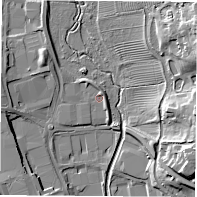 Shaded relief map of the ground around CV211TF, computed from Environment Agency LiDAR. The ground here sits at about 87 m above sea level and falls 24 m across the surrounding 800 m. Surface water reaching this point runs off ground lying to the east-south-east, 2.2 m higher.