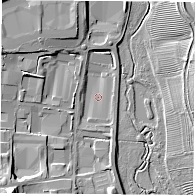 Shaded relief map of the ground around CV211TN, computed from Environment Agency LiDAR. The ground here sits at about 87 m above sea level and falls 23 m across the surrounding 800 m. Surface water reaching this point runs off ground lying to the south-west, 13.9 m higher.