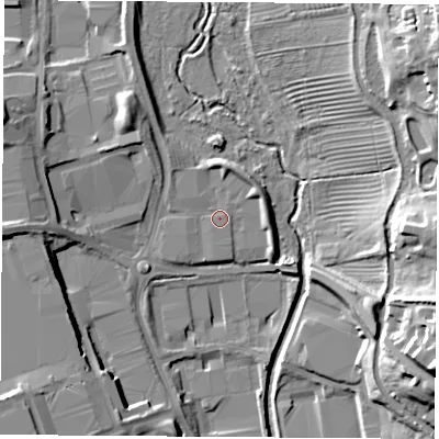 Shaded relief map of the ground around CV211TW, computed from Environment Agency LiDAR. The ground here sits at about 88 m above sea level and falls 23 m across the surrounding 800 m. The ground contributing surface water to this point lies to the north-east.