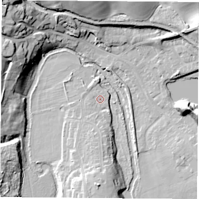 Shaded relief map of the ground around CV211UW, computed from Environment Agency LiDAR. The ground here sits at about 82 m above sea level and falls 29 m across the surrounding 800 m. Surface water reaching this point runs off ground lying to the south, 3.7 m higher.