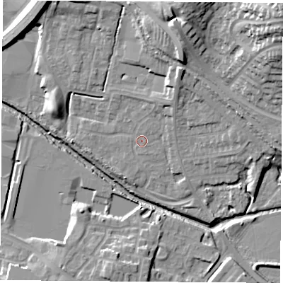 Shaded relief map of the ground around CV211XB, computed from Environment Agency LiDAR. The ground here sits at about 87 m above sea level and falls 31 m across the surrounding 800 m. Surface water reaching this point runs off ground lying to the north-north-east, 3.6 m higher.