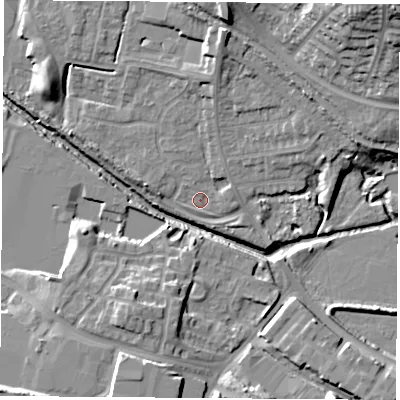 Shaded relief map of the ground around CV211XQ, computed from Environment Agency LiDAR. The ground here sits at about 86 m above sea level and falls 25 m across the surrounding 800 m. Surface water reaching this point runs off ground lying to the north, 5.2 m higher.