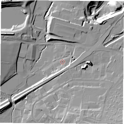 Shaded relief map of the ground around CV212UH, computed from Environment Agency LiDAR. The ground here sits at about 86 m above sea level and falls 37 m across the surrounding 800 m. Surface water reaching this point runs off ground lying to the south-south-west, 8.4 m higher.
