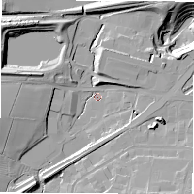 Shaded relief map of the ground around CV212UU, computed from Environment Agency LiDAR. The ground here sits at about 83 m above sea level and falls 33 m across the surrounding 800 m. Surface water reaching this point runs off ground lying to the west, 16.3 m higher.