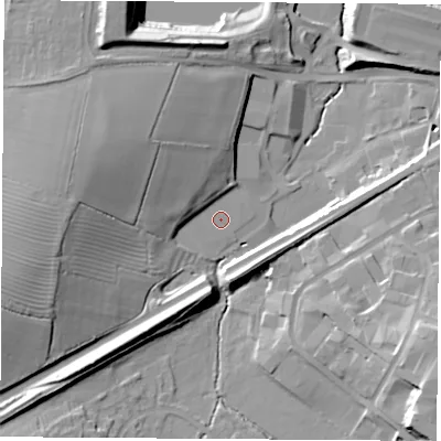 Shaded relief map of the ground around CV212UW, computed from Environment Agency LiDAR. The ground here sits at about 85 m above sea level and falls 24 m across the surrounding 800 m. Surface water reaching this point runs off ground lying to the north-west, 9.8 m higher.