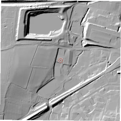 Shaded relief map of the ground around CV212UX, computed from Environment Agency LiDAR. The ground here sits at about 87 m above sea level and falls 23 m across the surrounding 800 m. Surface water reaching this point runs off ground lying to the west, 5.6 m higher.