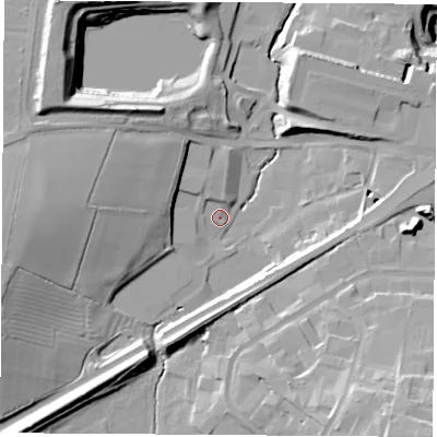 Shaded relief map of the ground around CV212UY, computed from Environment Agency LiDAR. The ground here sits at about 85 m above sea level and falls 37 m across the surrounding 800 m. Surface water reaching this point runs off ground lying to the north-north-west, 2.4 m higher.