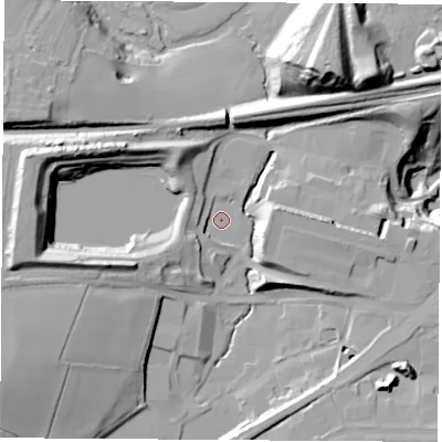 Shaded relief map of the ground around CV212UZ, computed from Environment Agency LiDAR. The ground here sits at about 83 m above sea level and falls 38 m across the surrounding 800 m. Surface water reaching this point runs off ground lying to the west, 21.1 m higher.