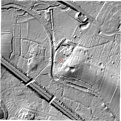 Shaded relief map of the ground around CV214PP, computed from Environment Agency LiDAR. The ground here sits at about 96 m above sea level and falls 22 m across the surrounding 800 m. Surface water reaching this point runs off ground lying to the east-south-east, 9.4 m higher.