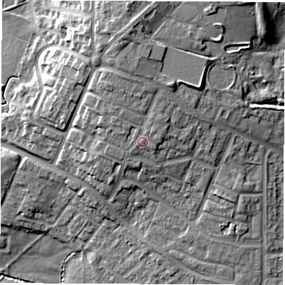 Shaded relief map of the ground around CV21BL, computed from Environment Agency LiDAR. The ground here sits at about 89 m above sea level and falls 17 m across the surrounding 800 m. Surface water reaching this point runs off ground lying to the north, 2.3 m higher.