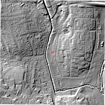 Shaded relief map of the ground around CV21JG, computed from Environment Agency LiDAR. The ground here sits at about 82 m above sea level and falls 14 m across the surrounding 800 m. Surface water reaching this point runs off ground lying to the north-north-east, 7.5 m higher.