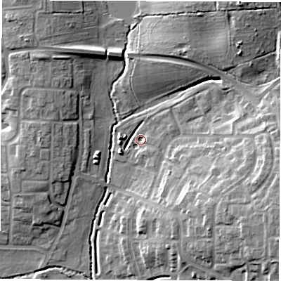 Shaded relief map of the ground around CV21JY, computed from Environment Agency LiDAR. The ground here sits at about 81 m above sea level and falls 15 m across the surrounding 800 m. Surface water reaching this point runs off ground lying to the west, 4.4 m higher.