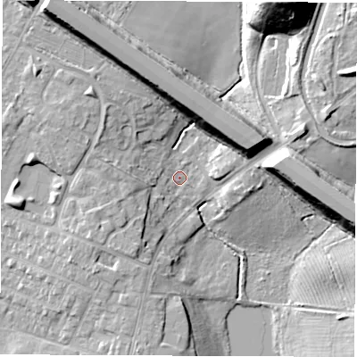 Shaded relief map of the ground around CV21NH, computed from Environment Agency LiDAR. The ground here sits at about 86 m above sea level and falls 26 m across the surrounding 800 m. Surface water reaching this point runs off ground lying to the north-north-west, 12.4 m higher.