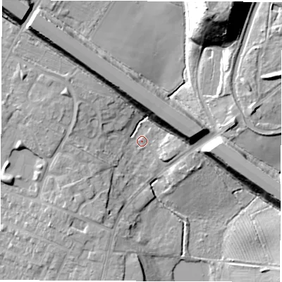 Shaded relief map of the ground around CV21NJ, computed from Environment Agency LiDAR. The ground here sits at about 87 m above sea level and falls 28 m across the surrounding 800 m. Surface water reaching this point runs off ground lying to the north-north-west, 12.4 m higher.