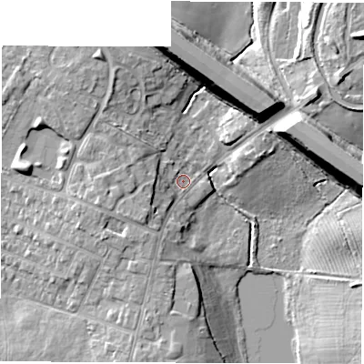Shaded relief map of the ground around CV21PB, computed from Environment Agency LiDAR. The ground here sits at about 86 m above sea level and falls 15 m across the surrounding 800 m. Surface water reaching this point runs off ground lying to the west-south-west, 5.1 m higher.