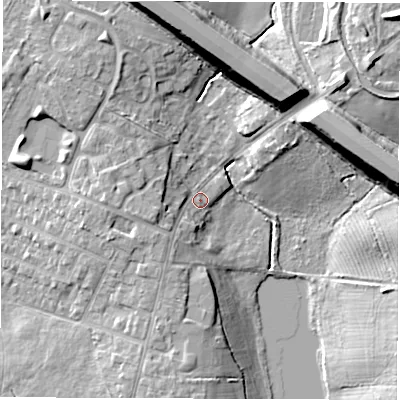 Shaded relief map of the ground around CV21PD, computed from Environment Agency LiDAR. The ground here sits at about 86 m above sea level and falls 15 m across the surrounding 800 m. Surface water reaching this point runs off ground lying to the west-south-west, 5.3 m higher.