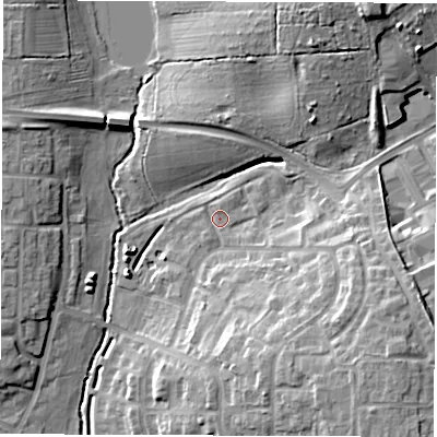 Shaded relief map of the ground around CV21QT, computed from Environment Agency LiDAR. The ground here sits at about 83 m above sea level and falls 16 m across the surrounding 800 m. Surface water reaching this point runs off ground lying to the south-east, 11.8 m higher.