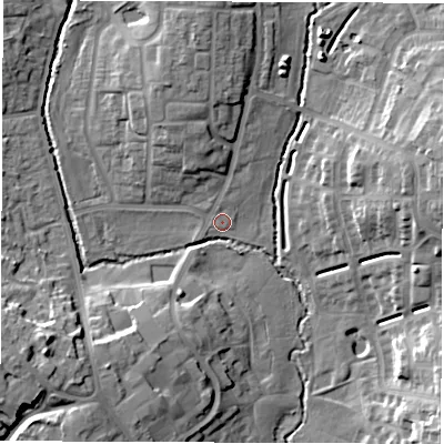 Shaded relief map of the ground around CV21UT, computed from Environment Agency LiDAR. The ground here sits at about 81 m above sea level and falls 14 m across the surrounding 800 m. Surface water reaching this point runs off ground lying to the north, 7.0 m higher.