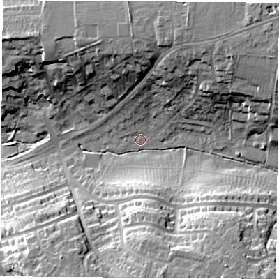 Shaded relief map of the ground around CV226AX, computed from Environment Agency LiDAR. The ground here sits at about 95 m above sea level and falls 25 m across the surrounding 800 m. Surface water reaching this point runs off ground lying to the north-north-east, 20.7 m higher.